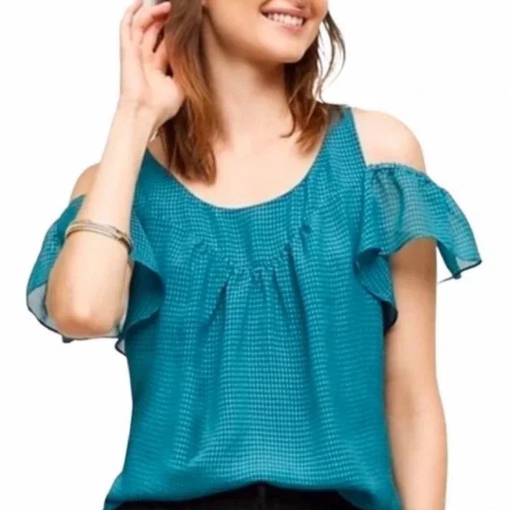 Maeve by Anthropologie Tavin Teal Cold Shoulder Textured Blouse VGUC SIZE 4